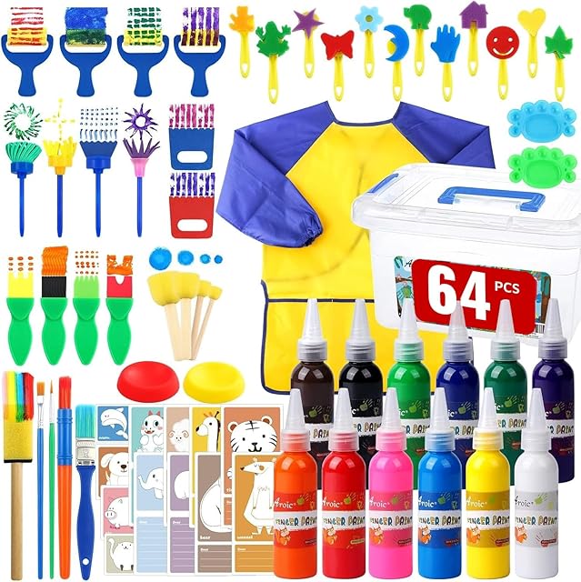 The 64 Pack Washable Paint Set for Kids, 12 Colors Non Toxic Finger Paints for Toddlers 1-3 with Sponges, Paint Brushes, Waterproof Paint Smock, Palettes, Cards, Storage Box, Finger Painting Kits for Art, Crafts(2 oz Each)