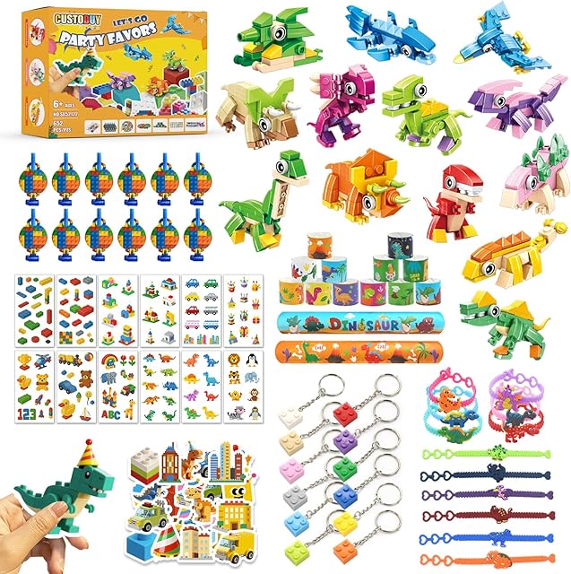 The 132PCS 3-in-1 Dinosaur Building Blocks Party Favors for Kids Ages 6-12 – 12 Packs with Stickers, Keychains & Wristbands for Birthday Gifts, Classroom Prizes & Goodie Bags