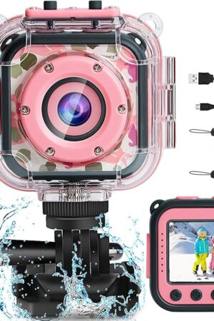 The PROGRACE Waterproof Camera for Kids - Christmas Birthday Gifts for 3-12 Year Old Girls 1080P Toddler Digital Cameras Pool Toys for Kids Underwater Video Camera with 32GB SD Card Pink