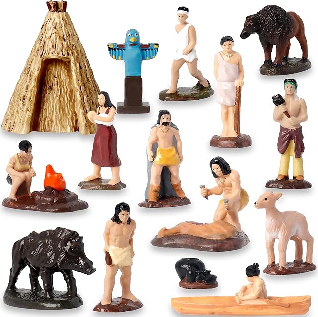 The Hiawbon 15Pcs American Indian Figurines Set, Miniature Indian Figurines with Accessories, Resin American Indians Figures Play Figure Playsets for 3+ Years Old