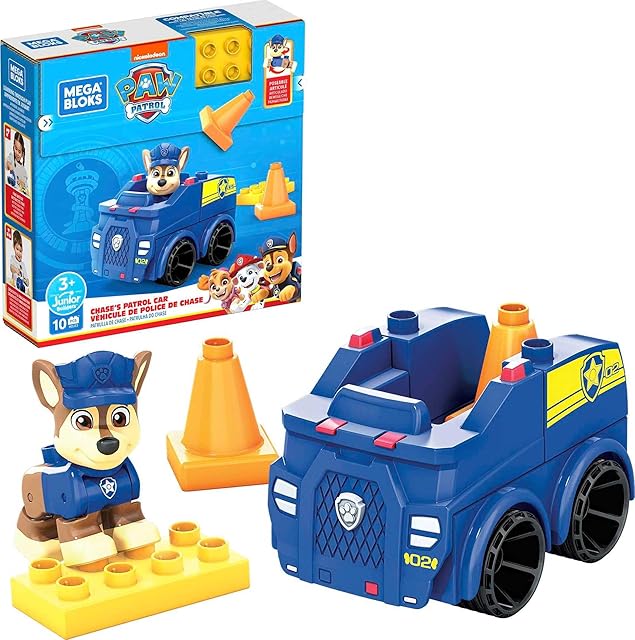 The MEGA BLOKS Paw Patrol Chase's Patrol Car Building Set with 1 Chase Figure, 10 Blocks and Special Pieces, Toy Gift Set for Ages 3 and Up
