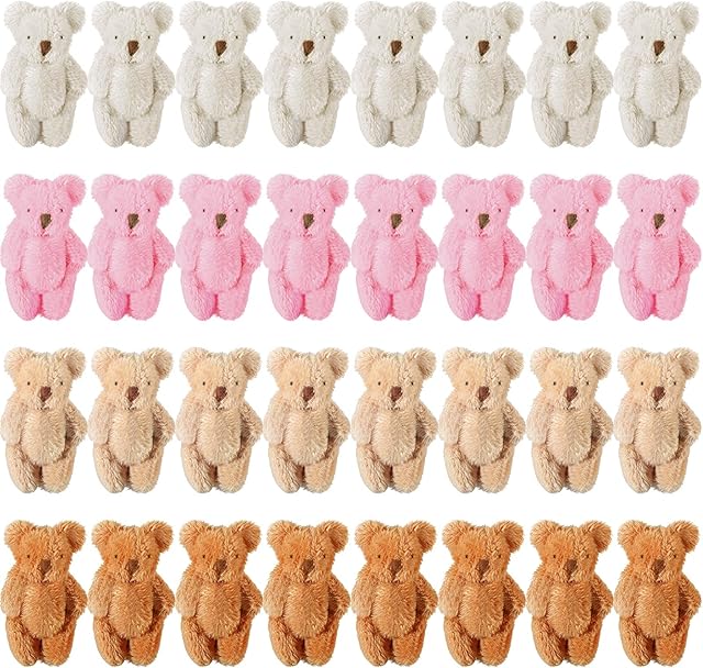 The Skylety 32 Pieces Mini Bear Plush Toy Tiny Bear 2.36 Inches Mini Joint Tiny Soft Doll Stuffed Animal Toys for Birthday Cake Wedding Decoration Party Favor, 4 Colors