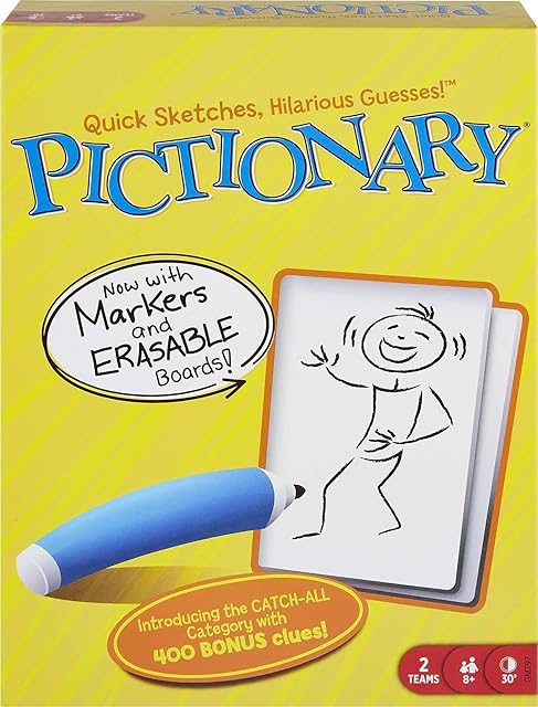 The Mattel Games Pictionary Family Board Game for Kids, Adults and Game Night for 2 Teams with Erasable Markers, Boards and Sand Timer