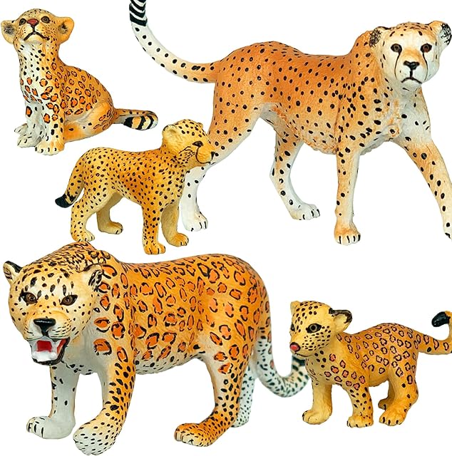 The Gemini&Genius Jaguar Toys, Safari Animal Cheetah Toys, Leopard Family Playset Figures, Wildlife World Models, Birthday Cake Toppers or Gifts for Kid (5Pcs)