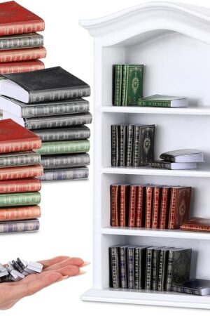 The Poen 27 Pcs 1: 12 Scale Miniatures Dollhouse Books and a Wooden Bookcase 4 Floors Dollhouse Bookshelf Decoration Accessories for House Bedroom, White