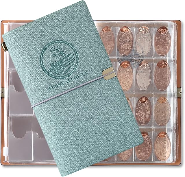 The MUDOR Pressed Penny Collecting Book with Archival Diary, Souvenir Penny Book Holds 203 Coins, Pressed Penny Holder Fits Elongated Stretched Pennies,Quarters or Nickels