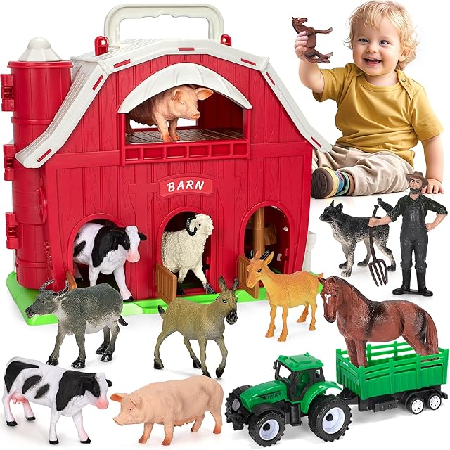 The Farm Animals Toys for 1 2 3 4 5 Year Old Toddlers Girls Boys, Big Red Barn Farm Playset with Figures Animals and Tractor Toy for Kids 3-5, Educational Learning Toys, Christmas Birthday Easter Gifts