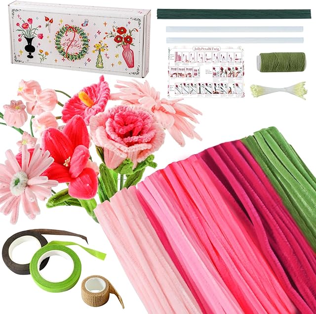 The Pipe Cleaners Craft 5 Colors,Chenille Stems Plush Craft Kit,Pink Pipe Cleaners Flowers Kit with Floral Tape for Wedding Gifts Graduation Bouquet JollyPetal&Twig (Pink)