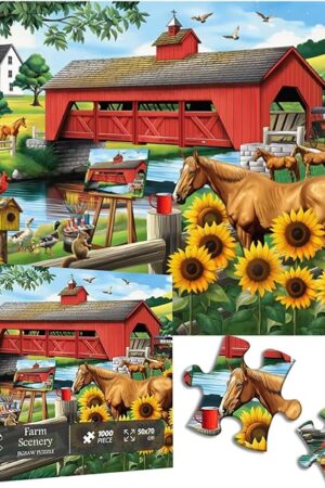 The PICKFORU Farm Animals Puzzles for Adults 1000 Pieces, Vintage Barn Country Horse Puzzle 1000 Pieces, Sunflower Plant Painting Jigsaw Puzzles as Home Decor