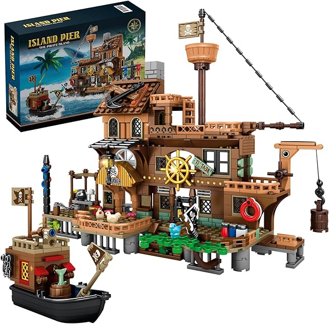The RiceBlock Pirate Ship Building Toys, Pirate Wharf Themed City Store Building Bricks Sets for Boys Age 8-12, 573 Pieces, Ideal for New Year 2024