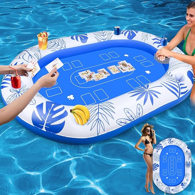 The 56IN Oversize Floating Card Table for Pool Games,Fastly Inflatable Pool Poker Table,Waterproof Playing Cards Included,Snack Tray for Lake Floats Party Beach Games,Durable Juice Holders for Hot Tub