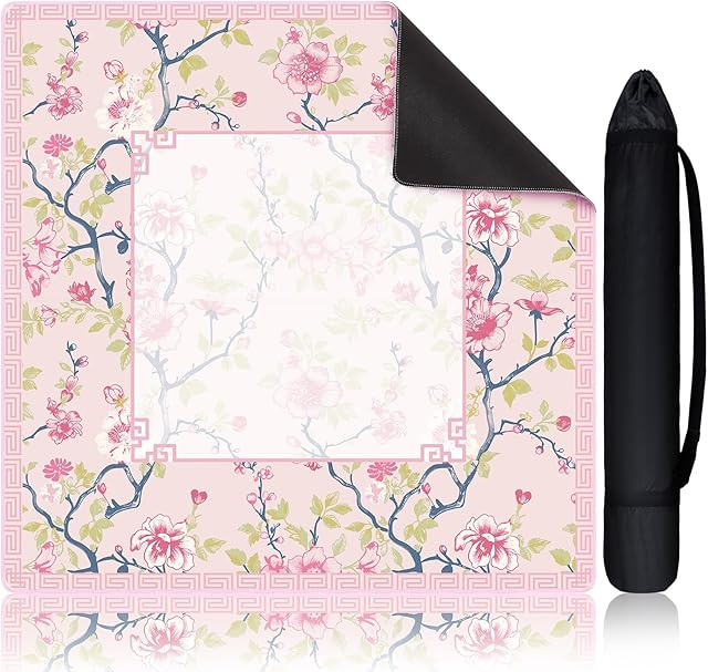 The Chinoiserie Mahjong Mat with 1 Carrying Bag 31.5" x 31.5" Pink and White Rubber Anti Slip and Noise Reduction Multi Purpose Game Table Cover for Mahjong, Card, Board Tile Games