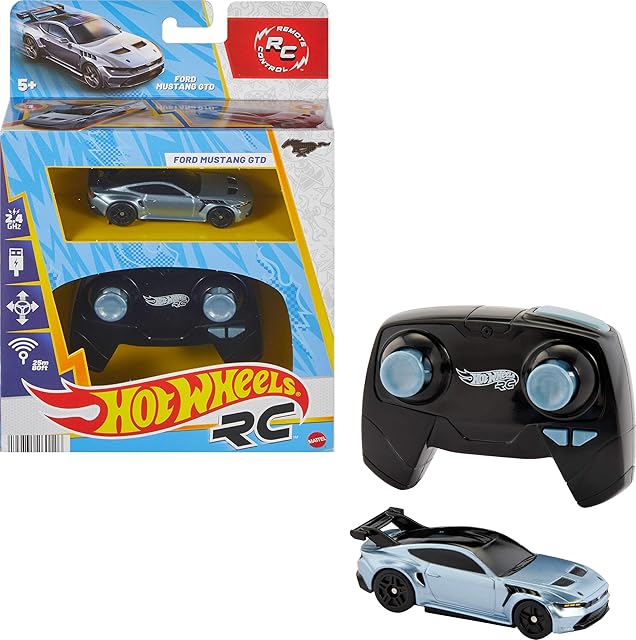 The Hot Wheels RC Toy Car, Full-Function Remote-Control 1:64 Scale Ford Mustang, Booster Button to Race & Stunt On- or Off-Track, Recharge with USB Cable