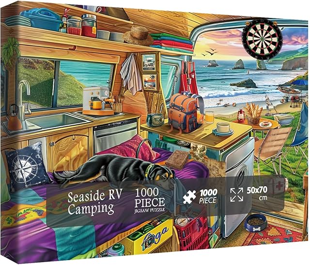 The Beach Camping Puzzles for Adults 1000 Pieces, Nature Dog Fishing Jigsaw Puzzles, Animal Beautiful RV Puzzles