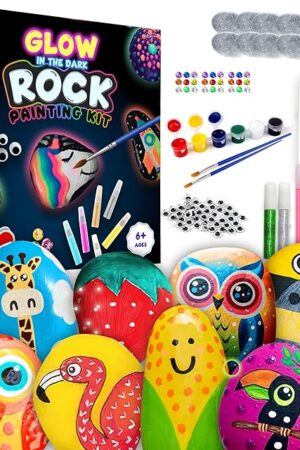 The Rock Painting Kit - Glow in The Dark, 60+ Pcs Arts and Crafts Rock Painting kit for Kids 6-12, Art Supplies with Glow & Standard Paints, Outdoor Toys for Boys & Girls Birthday & Easter Gifts