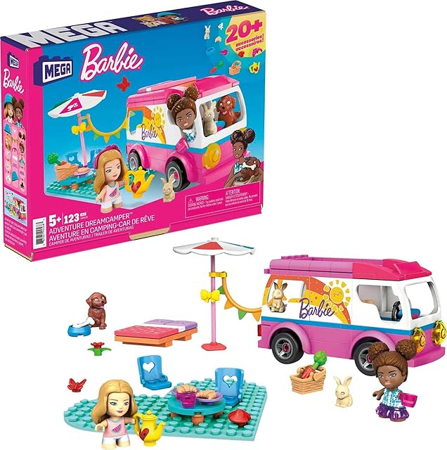 The MEGA Construx Barbie Kids Building Toy Set, Adventure DreamCamper with 123 Pieces, 2 Micro-Dolls, Furniture and Accessories, Pink, Ages 5+ Years