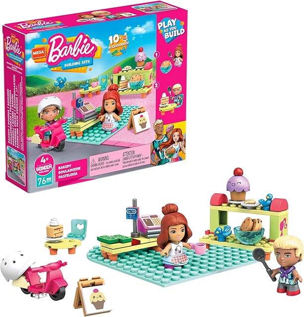 The MEGA Construx Barbie Kids Building Blocks Toy Set, Bakery with 76 Pieces, 2 Micro-Dolls, Barbie Pets and Accessories, Ages 4+ Years