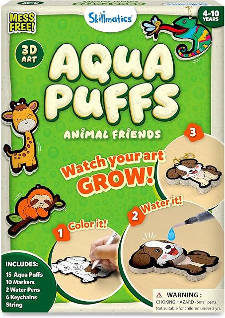 The Skillmatics 3D Art Kit - Aqua Puffs Animals, Mess-Free Paint by Number Craft for Kids, DIY Color & Inflate Activity, Travel & Creative Gift for Girls & Boys Ages 4, 5, 6, 7, 8, 9, 10