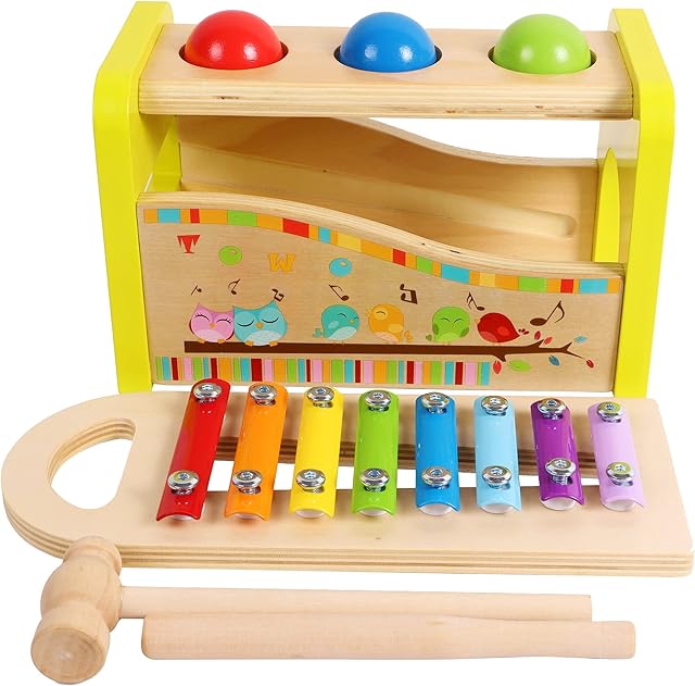 The TOWO Wooden Hammer Ball and Xylophone Set - Mallet and Pegs Pound a Ball Tap Bench- Toys for Babies 1 Year Old Baby Boy Girl Toddler Gift - Small Motor Skill Sensory Musical Activity Toys for Kids