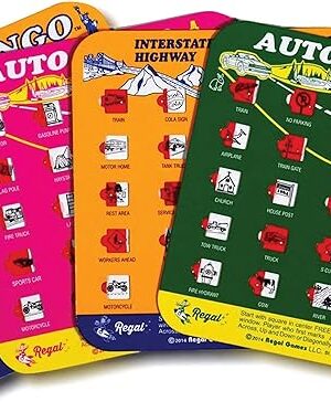 The Regal Games Finger-Tip Shutter Bingo Cards with Sliding Windows - Interstate Bingo & Auto Bingo Game - Assorted Colors Travel Bingo Game Set Kids - Reusable, No Chips & Daubers Needed - 4 Packs