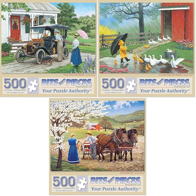 The Bits and Pieces – Value Set of Three 500 Piece Jigsaw Puzzles for Adults – That New Car Smell, A Good Day for Ducks, Groundwork Jigsaw Puzzles by Artist John Sloane, Completed Puzzle Size: 18" x 24"