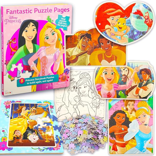 The Bulk Disney Princess Puzzle Book 5 Pack - 200+ Pc Ages 4-6 3-5 | Princess Educational Jigsaw Puzzles for Kids | 5 Unique Princess Movie Puzzles in Storybook