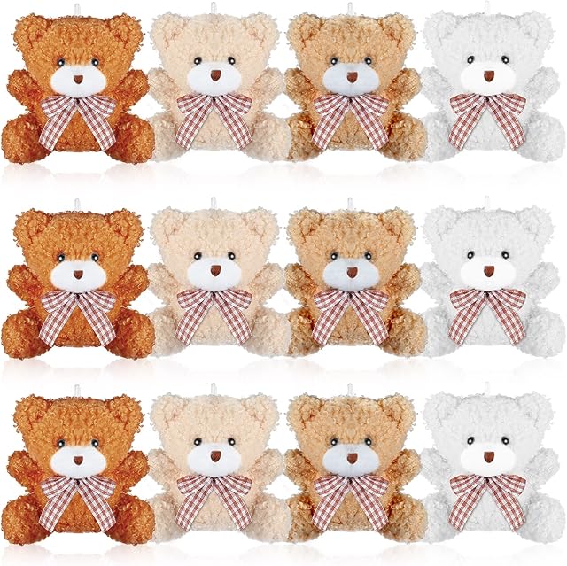 The Zomiboo 12 Pcs Halloween 4 Inch Mini Bear Animal Plush Toys Soft Cute Dolls Sleeping and Playing Stuffed Toys Gifts for DIY Baby Shower Christmas Party Brown, Khaki, Apricot, White