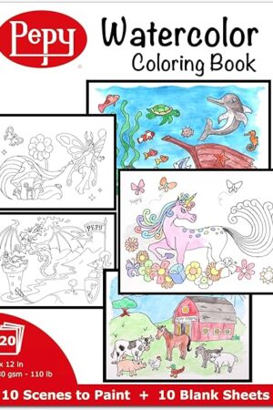 The Pepy Watercolor Coloring Book 20 Sheets Total with 10 Plain and 10 Pre-Printed Design Sheets; 9 inches by 12 inches