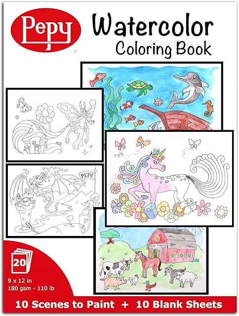 The Pepy Watercolor Coloring Book 20 Sheets Total with 10 Plain and 10 Pre-Printed Design Sheets; 9 inches by 12 inches
