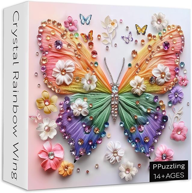 The Rainbow Butterfly Puzzles for Adults 1000 Pieces, Colorful Flower Butterfly with Crystal Jewel Art Jigsaw Puzzle, Nature Floral Plant Challenging Puzzles for Adults