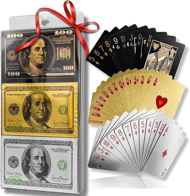 The Magic Kiss Waterproof Gold and Silver Foil Poker Playing Cards, Deck of Plastic Playing Cards Gift (3 Decks/Gold + Silver + Black)