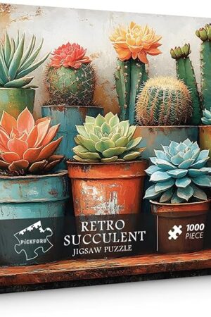 The PICKFORU Succulent 1000 Piece Puzzle for Adults, Vintage Cactus Flower Jigsaw Puzzles, Retro Plant Garden Puzzle as Wall Art Decor