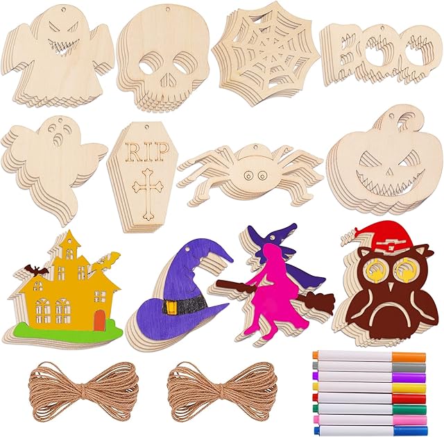 The Max Fun 60PCS Halloween Crafts Painting Wooden Slices Cutouts Ornaments DIY Unfinished Pre-drilled Natural Wood for Kids Halloween Hanging Decorations