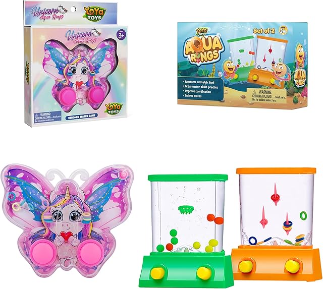 The Aqua Rings & Aqua Rings Unicorn Bundle - Water Handheld Game Fidget Toys Set - Retro Ring Toss Mini Games- Fun Gift for Girls and Boys - 80's 90's Nostalgia Reto Toys - Great Travel Car Trip Toy