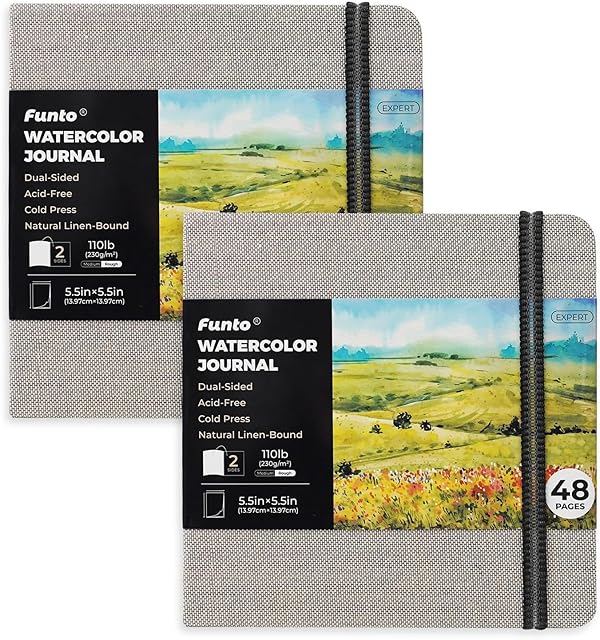The Funto Watercolor Journal, Square, 5.5x5.5, Portable 2-Pack, 48 Pages Each, Gray Cover, 110lb/230gsm, Art Supplies for Mixed Media