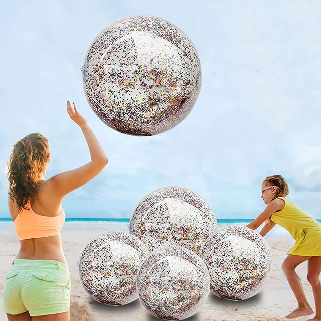 The TURNMEON 5 Pack Sequins Beach Ball Jumbo Pool Toys Balls 16 Inch 24 Inch Giant Confetti Glitters Inflatable Clear Beach Ball Swimming Pool Water Beach Toys Outdoor Summer Party Favors for Kids Adults