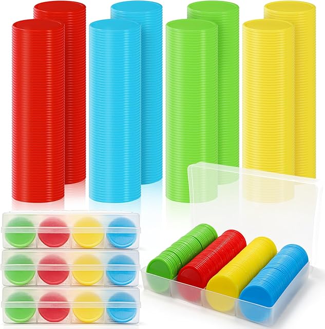 The 640 Pcs Plastic Poker Chips, 4 Colors Bingo Chips with Storage Box, 1.5 Inch Card Game Tokens, Counter Disk Counting Markers for Math Practice, Opaque Reward Coin for Teaching, Parties, Casino