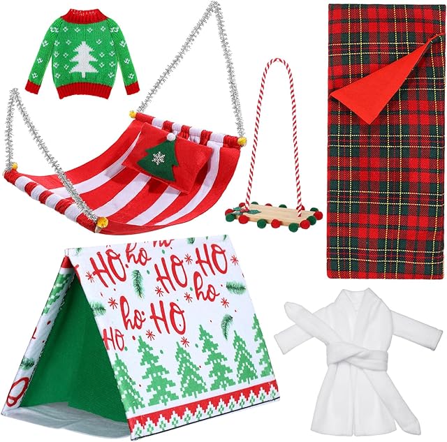 The Liliful 6 Pcs Christmas Elf Accessories Christmas Sleeping Bag Camping Accessory Kit with Xmas Tent, Sweater, Bathrobe, Swing Hammock Xmas Gifts Accessories for Party Supplies Decorations(Cute)