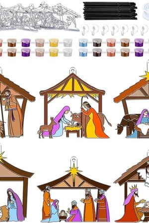 The Poen 24 Sets Nativity Scene Suncatchers Kits Christmas Window Paint Art Suncatchers Crafts Ornaments Decor Sunday School VBS Cross Craft Kits for Holiday Activities Home Party Favors
