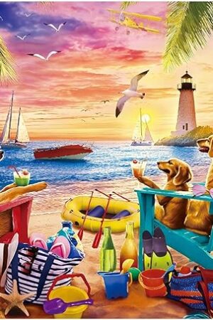 The Puzzles for Adults 500 Pieces - Puppy Beach Party, Seaside Puzzle, Beach Jigsaw,Fun Family Activity Gift