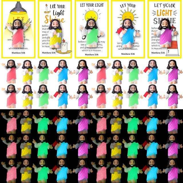The 50 Set Glow in The Dark Mini Jesus Figures with Bible Cards Little Luminous Jesus Statue Toys for Sunday School Religious Gifts Hide and Seek Christian Baptism Party Favors