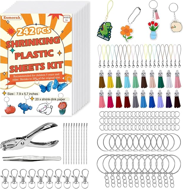 The Esmorah 242PCS Shrink Dink Keychain Kit - Shrink Plastic Sheets with 20pcs Shrink Paper Sheets+Tools, DIY Heat Shrink Art Kit for Keychains, Rings, Charms & Crafts for Kids & Adults Creative Projects