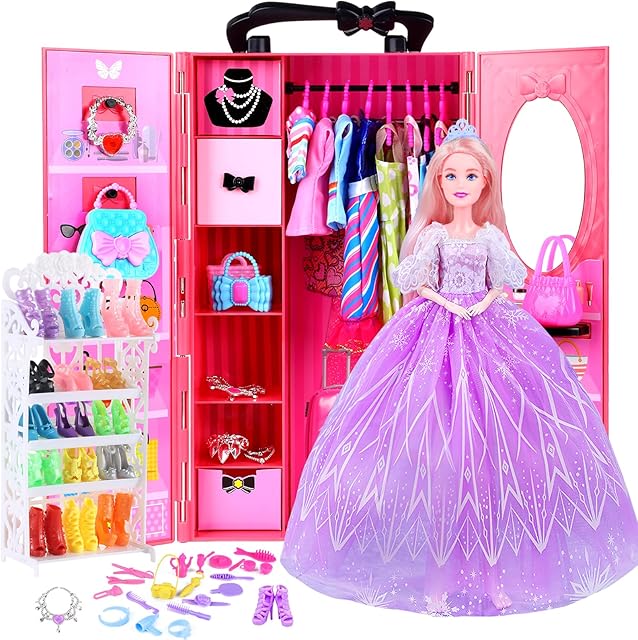 The 157 Pcs Doll Clothes and Accessories with Doll Closet for 11.5 Inch Girl Dolls Including Shoes Rack Wedding Dress Fashion Dress Swimsuits Tops and Pants Hangers Glasses Necklace Bags Shoes