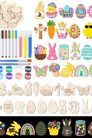The Relaxweex 24 Pcs Easter Spring Wooden Magnets Painting Craft Kit for Kids, Glow in The Dark DIY Bunny Spring Art Crafts Supplies, Fridge Magnets Coloring Kits for Easter Activities Gifts Home Party