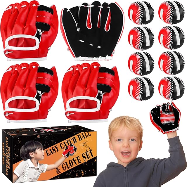 The Aodaer 4 Pack T Ball Sets Teenager Easy Catch Ball & Glove Set 4 Youth Teeball Gloves 8 Balls Synthetic Leather Glove and Baseball for Yard Lawn Game, Catch Game, Baseball Play, Black and Red