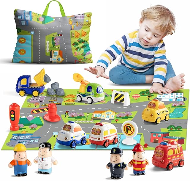 The ALASOU 15 PCS Cars and People Figure Toys for 1 2 Year Old Boy with Playmat/Storage Bag|1 2 3 Year Old Boy Birthday Gift for Kids|Montessori Toy Cars for Toddler Toys Age 1-2