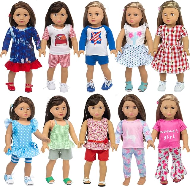 The 23 Pcs American Doll Clothes Dress and Accessories Sets for American 18 inch Dolls - Including 10 Complete Set of Clothing , Doll Accessories with Hair Bands and Hair Clip