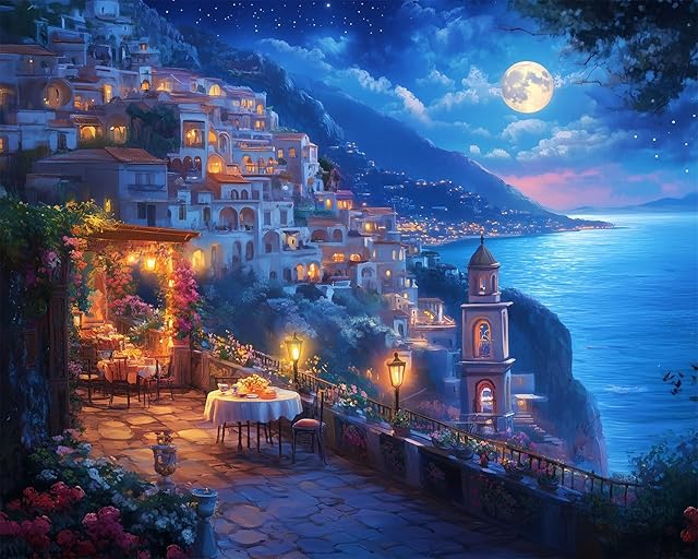 The 500 Piece Jigsaw Puzzle for Adults – Mediterranean Cliffside Village Night Scene, Premium White Cardboard, 20x16 in – Relaxing Challenge, Gift & Home Décor