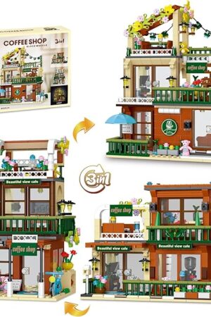 The QLT QIAOLETONG 3 in 1 City Coffee House Architecture Building Set for Adults, Cafe Shop Building Blocks Construction Toy with Light, 875 PCS Street View Modern Shop Gift for Girls Kids 6-12