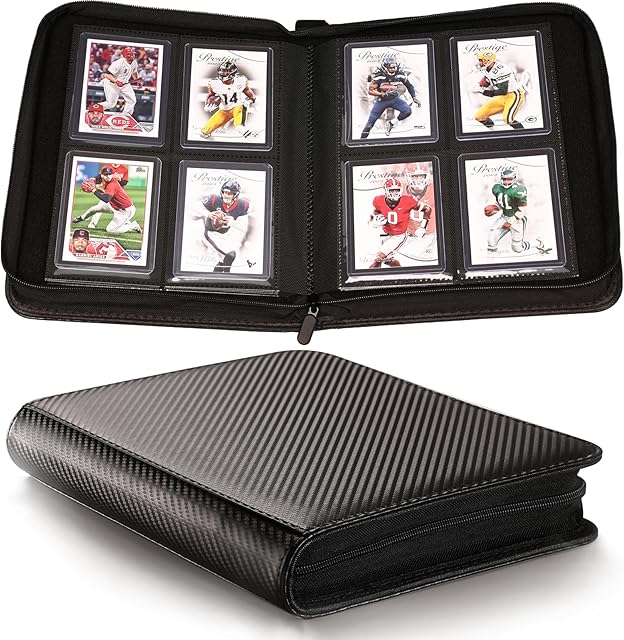 The Top loader Binder - Holds 128 Cards in Toploaders for 3" x 4" Portable Card Binders Waterproof PU Leather, Ringless Double-Sided Pages (4 pocket, Carbon Black)